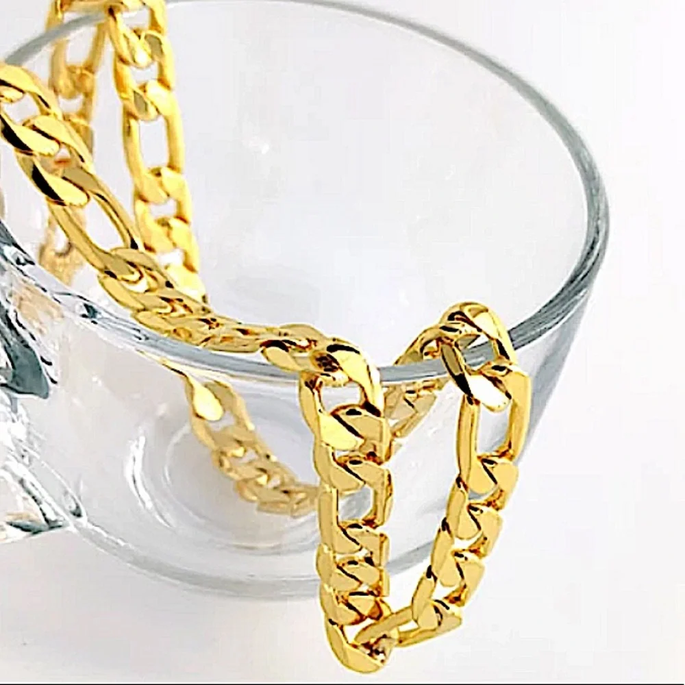 18K GOLD PLATED CUBAN FIGARO CHAIN LINK UNISEX NECKLACE BRACELET SET - Picture 7 of 14